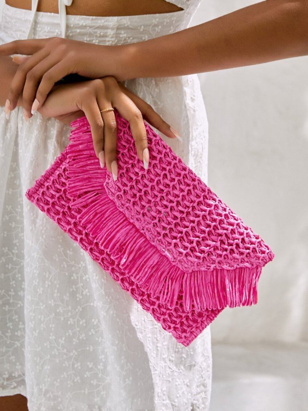 Hot Pink Straw Woven Women's Vacation Bag with Fringe Flap - Picture 2 of 5